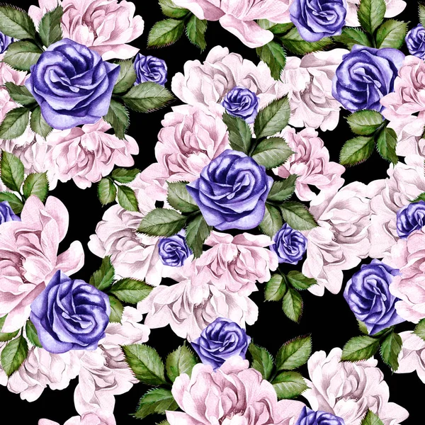 Beautiful watercolor pattern with peony flowers and anemones. — Stock Photo, Image