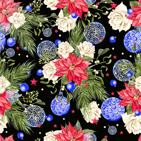 Peint à la main joyeux motif de Noël sans couture avec arbre de Noël aquarelle, boules de couleurs bleues, roses, fleurs de Noël, étoiles. Décoration Nouvel An . — Photo