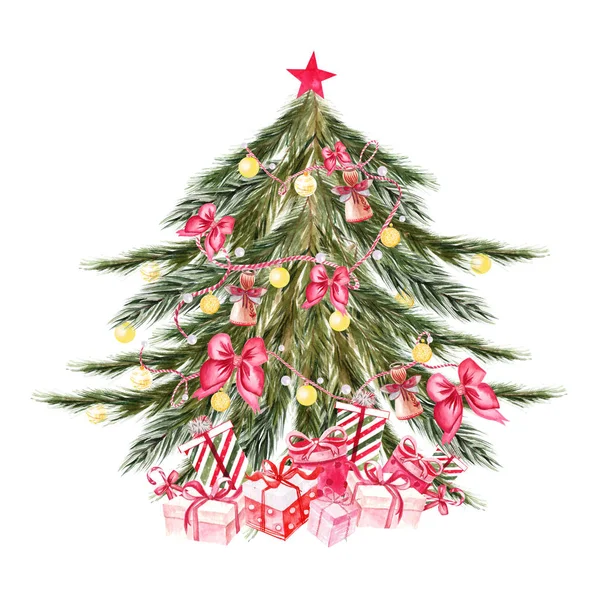 Χειροποίητη ακουαρέλα χριστουγεννιάτικου δέντρου με μπάλες από κίτρινο χρώμα, τόξα, κουτιά δώρων, κουδούνια, αστέρια. — Φωτογραφία Αρχείου
