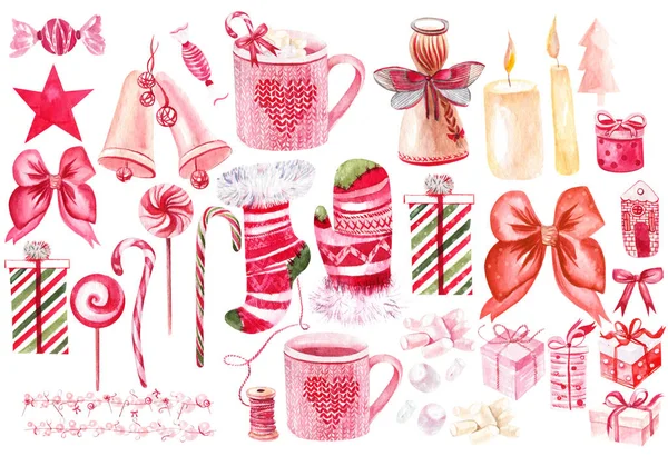 Gyönyörű akvarell karácsonyi kártya, karácsonyi ajándékok, játékok, díszek. A karácsonyfa és kúpok. — Stock Fotó