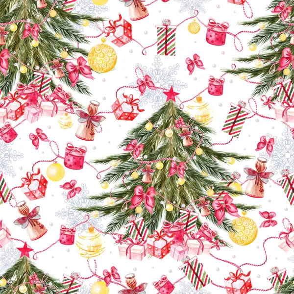 Χειροποίητη χαρούμενα Χριστούγεννα χωρίς ραφή πρότυπο με ακουαρέλα χριστουγεννιάτικο δέντρο, μπάλες από κίτρινο χρώμα, κουδούνια, τόξα, κουτιά δώρων, καραμέλες, αστέρια, μπότες και γάντια. — Φωτογραφία Αρχείου