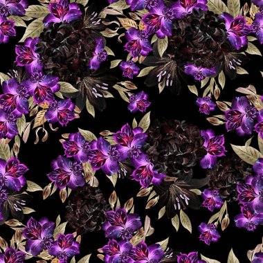 Alstroemeria, Hudrangea ve lily çiçekli güzel suluboya seamless modeli. 