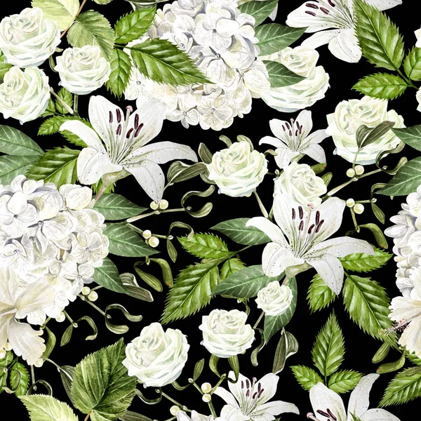 Prachtige aquarel naadloze patroon met bloemen van hudrangea, de lelie en de roos. — Stockfoto