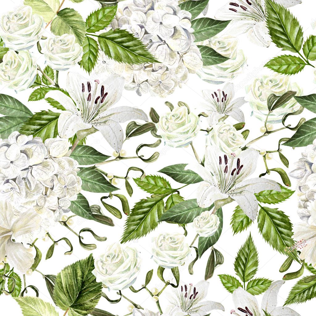 Beautiful watercolor seamless pattern with flowers of  hudrangea, lily and rose. 