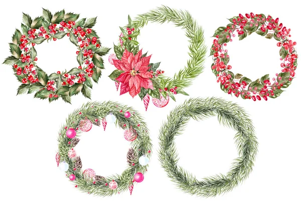 Beautiful Set with 5 watercolor Christmas wreaths. — Stock Photo, Image