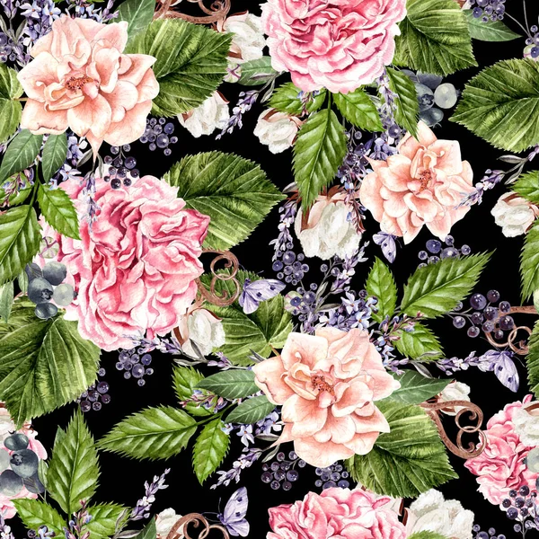 Beautiful watercolor seamless pattern with flowers of  rose, peony, lavender and cotton.  