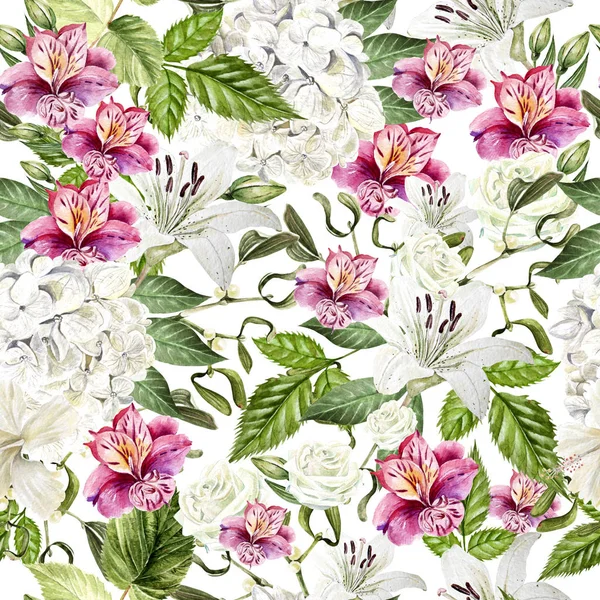 아름 다운 수채화 원활한 패턴 Alstroemeria, hudrangea, 릴리와 로즈의 꽃. — 스톡 사진