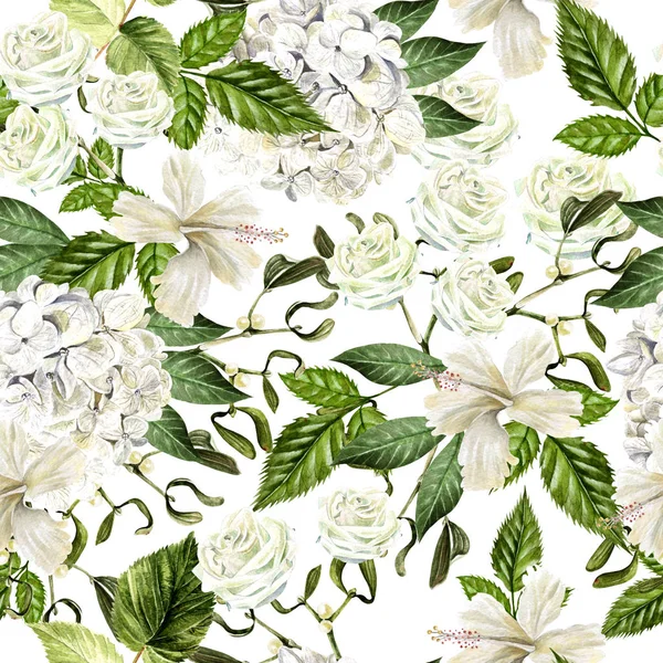 Schöne Aquarell nahtlose Muster mit Blüten aus Hortensien, Hibiskus und Rose. — Stockfoto