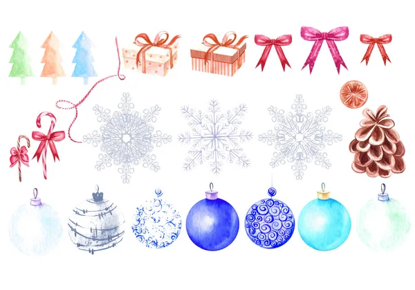 Vízfesték készlet, karácsonyi játékok és ajándékok, hópelyhek. — Stock Fotó