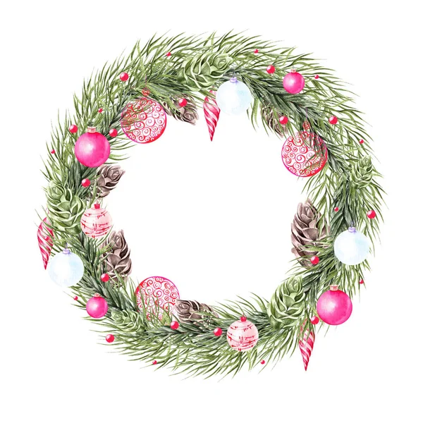 Акварель Рождественский венок с еловыми ветвями, рождественские игрушки. Иллюстрация для поздравительных открыток и приглашений . — стоковое фото