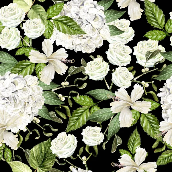 Gyönyörű akvarell varrat nélküli mintát, virágokkal, hudrangea, hibiszkusz és rose. — Stock Fotó