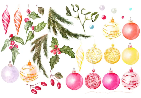 Schöne aquarellierte Weihnachtskarte mit Weihnachtsgeschenken, Spielzeug, Schmuck. ein Weihnachtsbaum und Zapfen. — Stockfoto