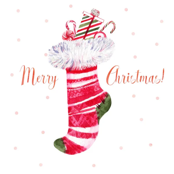 Акварельна різдвяна листівка. ілюстрація милий різдвяний шкарпетка — стокове фото