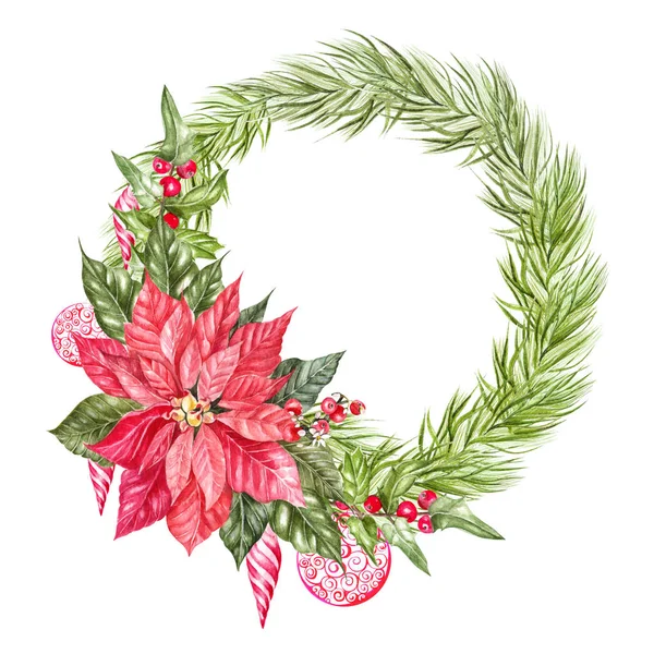Akwarela Boże Narodzenie wieniec z gałęzi jodły. Ilustracja na kartki i zaproszenia. — Zdjęcie stockowe