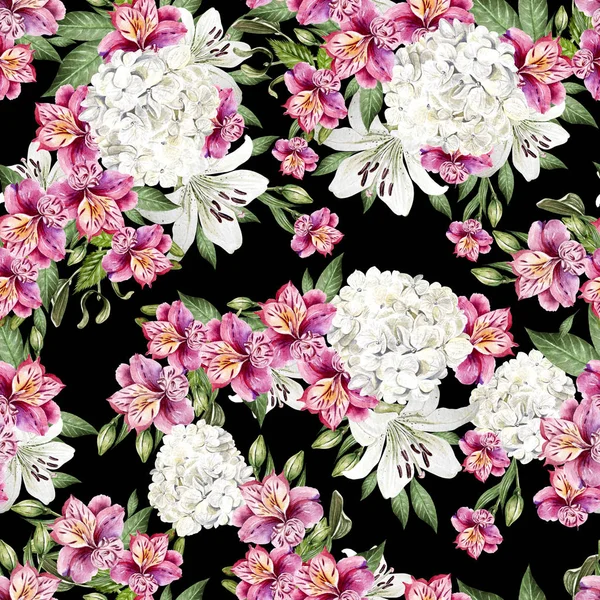 Gyönyörű akvarell varrat nélküli mintát a Alstroemeria, a Hudrangea és a liliom virág. — Stock Fotó