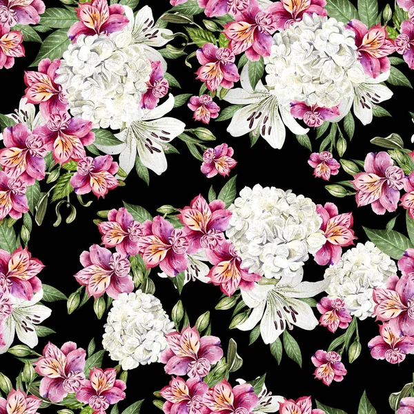 Beautiful watercolor seamless pattern with flowers of Alstroemeria, Hudrangea and lily. 