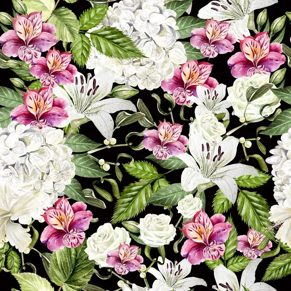 Beautiful watercolor seamless pattern with flowers of Alstroemeria, hudrangea, lily and rose. 