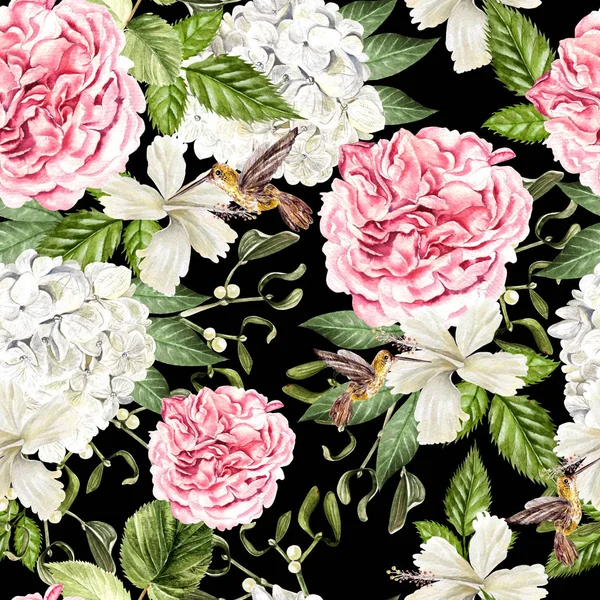 Schöne Aquarell nahtlose Muster mit Blüten von Hortensien, Hibiskus und Pfingstrose, Kolibri. — Stockfoto