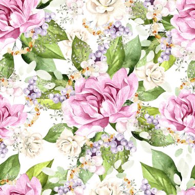 Çiçekler şakayık, bitkiler ve yaprakları ile renkli sulu boya desen. 