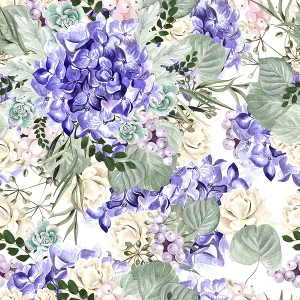 Buntes Aquarellmuster mit Blüten Hortensien, Rosen, Sukkulenten und Blättern. — Stockfoto