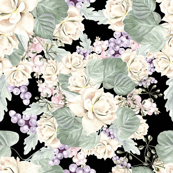 Barevný akvarel vzor s květy hortenzie, růže, sukulenty a listy. — Stock fotografie