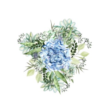 Ortanca çiçek, etli bitkiler ve yaprak suluboya buket. 