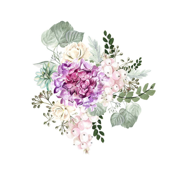 Watercolor bouquet with hydrangea flowers, roses, succulent plants, berries and leaves. 