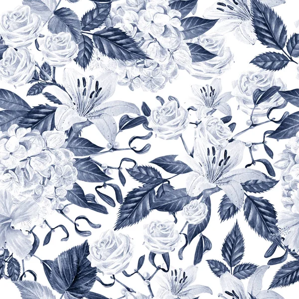 Schöne Aquarell nahtlose Muster mit Blüten aus Hortensien, Lilie und Rose. — Stockfoto
