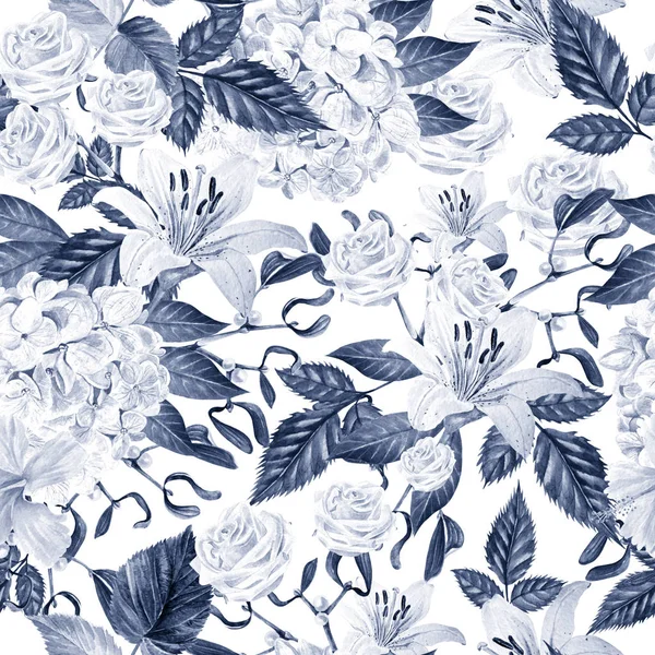 Beautiful watercolor seamless pattern with flowers of  hudrangea, lily and rose. 
