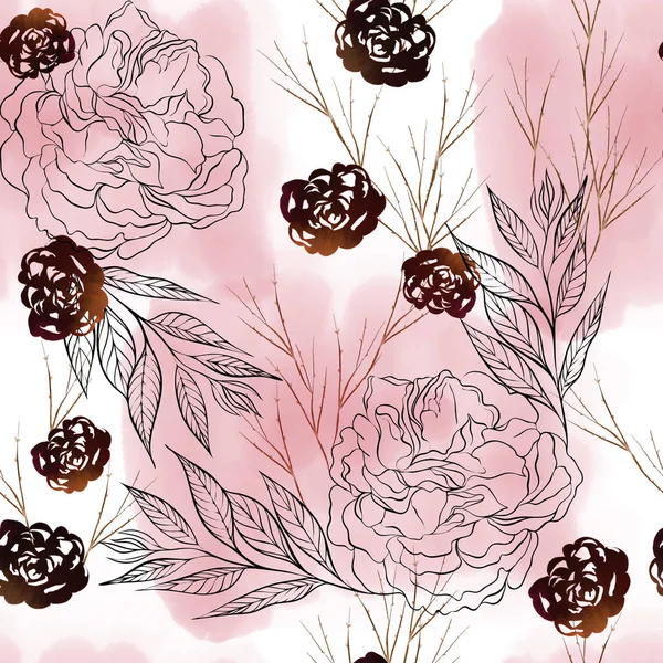 Vacker akvarell mönster med rosa blommor, pion och eukalyptus blad. — Stockfoto