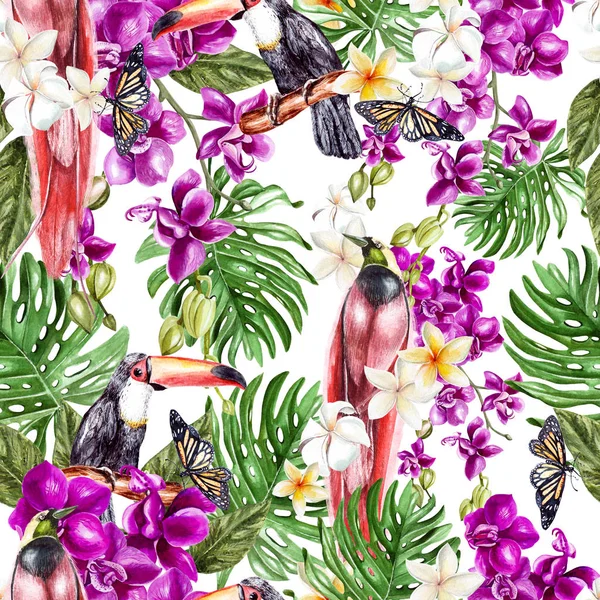 Bellissimo modello ad acquerello con fiori di orchidea, foglie tropicali e uccelli . — Foto Stock