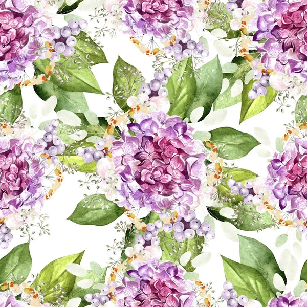 Buntes Aquarellmuster mit Blüten Hortensien, Pflanzen und Blättern. — Stockfoto