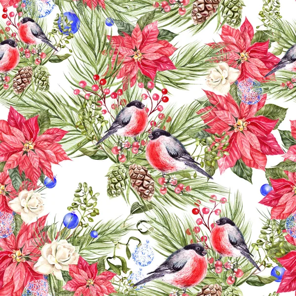 Beautiful watercolor Christmas pattern with bullfinch birds, pine cones and Christmas tree. — Stock Photo, Image