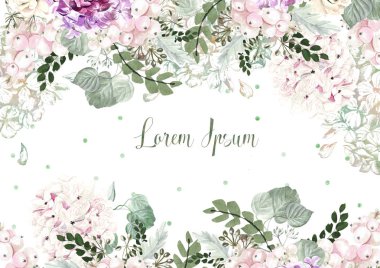 Güzel suluboya düğün kartı ile yaprak ve çiçek hudrangea, gül, succulents. 