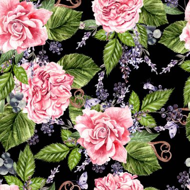 Gül, şakayık, lavanta çiçekleri ile güzel suluboya seamless modeli. 