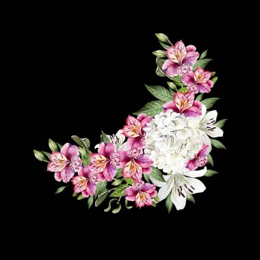 Güzel suluboya düğün buket yaprak ve çiçek lily, alstroemeria ve hudrangea ile. 