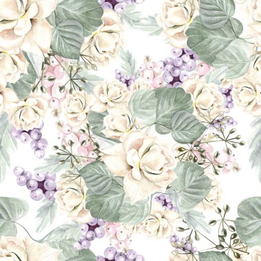 Ortanca çiçek, gül, succulents ve yaprakları ile renkli sulu boya desen. 