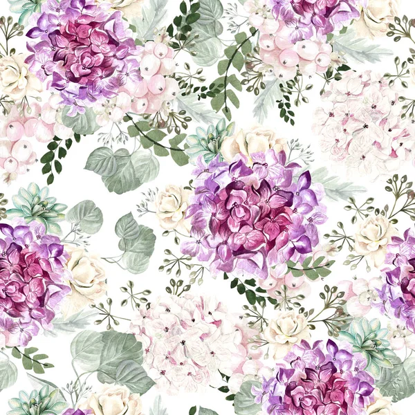 Colorful watercolor pattern with flowers hydrangea, rose, succulents and leaves. — Stock Photo, Image