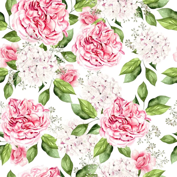 Szép fényes akvarell mintát, a pünkösdi rózsa és Hortenzia virágok. — Stock Fotó