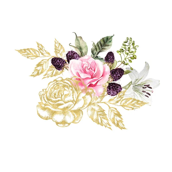 Bouquet con grafica dorata e fiori ad acquerello. Rosa, giglio e bacche . — Foto Stock