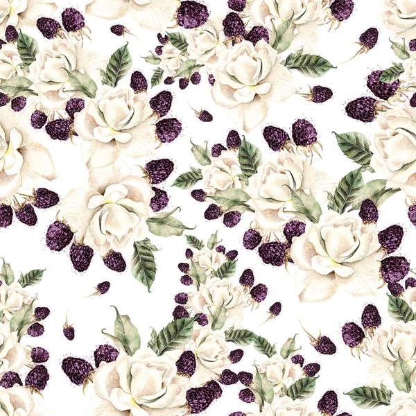 Schöne Aquarell nahtlose Muster mit Blumen von Rose und Beere. — Stockfoto