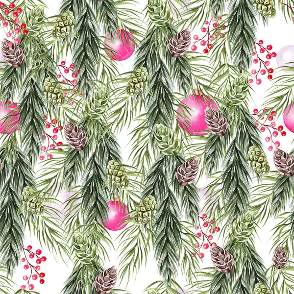 Belo padrão de ano novo aquarela brilhante com cones de pinho, ramos de pinho e brinquedos . — Fotografia de Stock