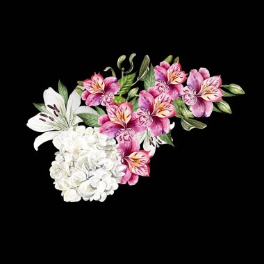 Güzel suluboya düğün buket yaprak ve çiçek lily, alstroemeria ve hudrangea ile. 