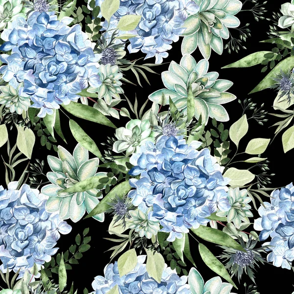 Színes akvarell minta Hortenzia virágok, pozsgás növények és levelek. — Stock Fotó