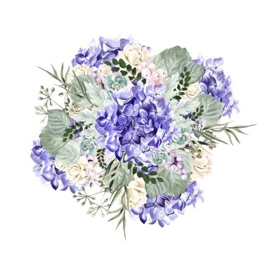 Ortanca çiçek, gül, etli bitkiler, suluboya buket çilek ve yaprakları. 