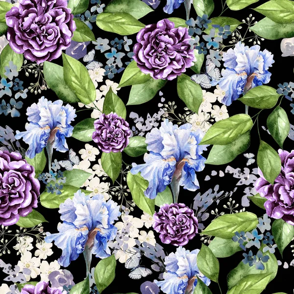 Schönes helles Aquarellmuster mit Blüten von Iris, Pfingstrose und Lavendel. — Stockfoto
