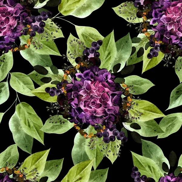 Patrón de acuarela colorido con flores hortensias, plantas y hojas . — Foto de Stock