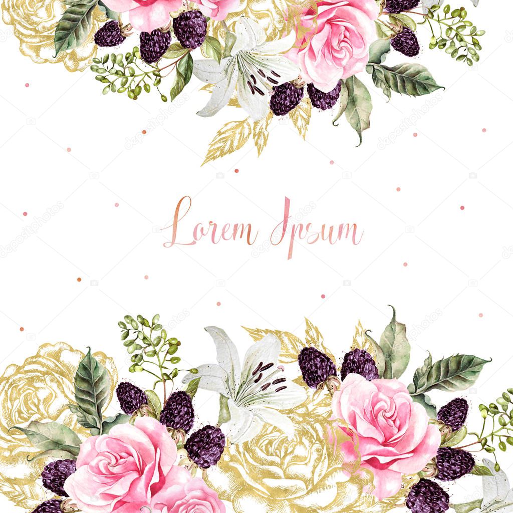 Wedding cards with golden graphic and watercolor flowers. Rose, lily and berries. 