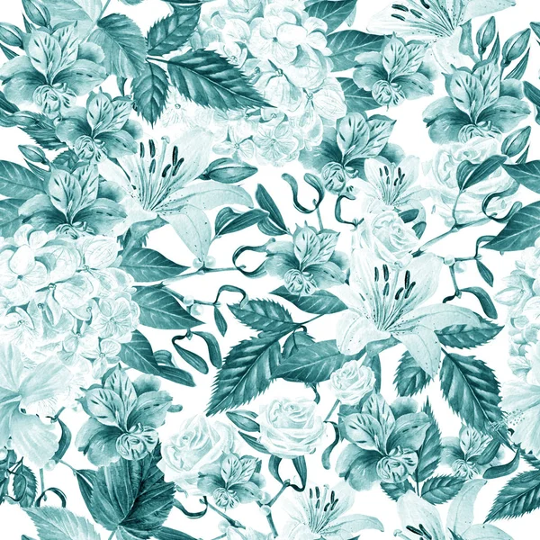 Schöne Aquarell nahtlose Muster mit Blüten von Alstroemeria, Hortensie, Lilie und Rose. — Stockfoto