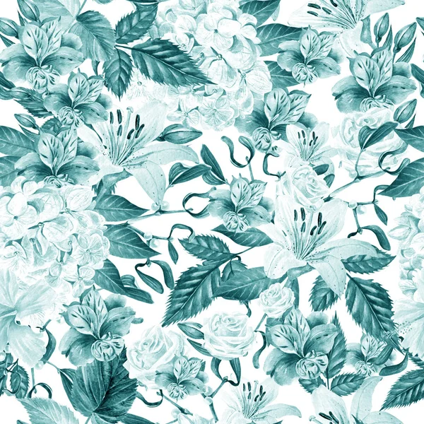 Beautiful watercolor seamless pattern with flowers of Alstroemeria, hudrangea, lily and rose. 